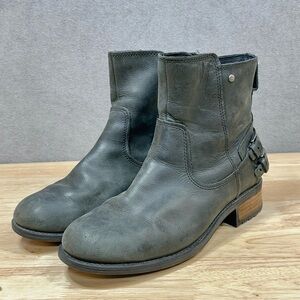 UGG Orion Black Leather Moto Combat Boots Booties Side Zip Strappy Buckles 7